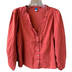 Old Navy Rust Burnt Orange Ruffle Button Up Loose Peasant Blouse Long Sleeve XS